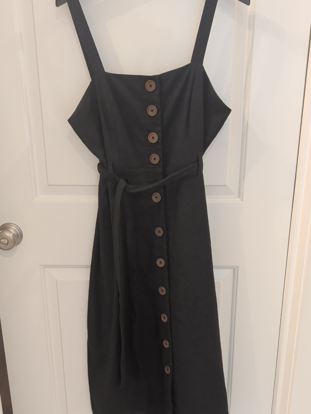 Altar'd State Black W Brown Button-Front Midi Dress with Tie Waist Square Neck